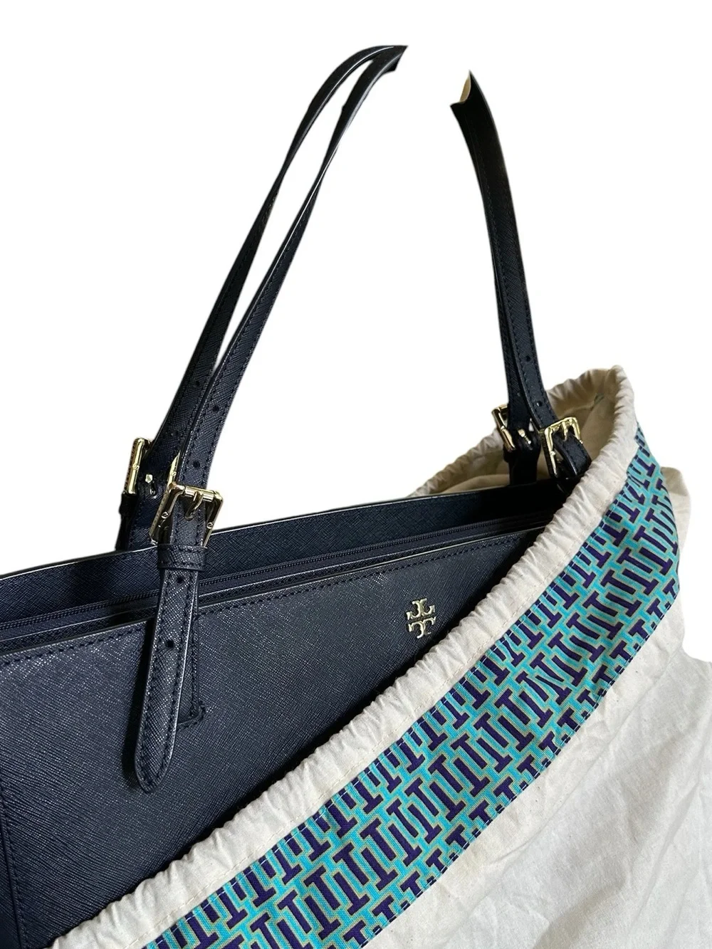 Tory Burch Emerson Large Navy Saffiano Leather Tote NWOT Dust Bag